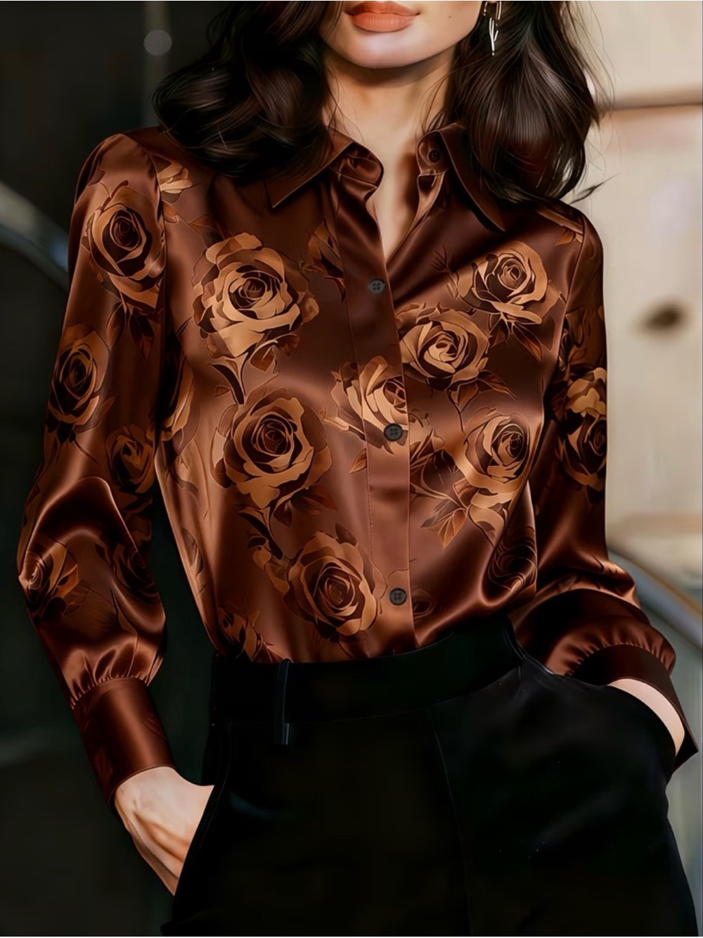 Floral Button Down Top in Brown Satin Like New